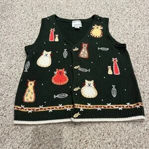 Christopher & Banks Hand Embroidered Cat Vest Sz S Vintage Cotton Fish Novelty